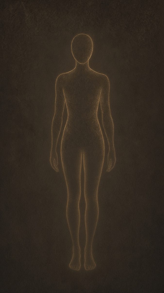 A softly glowing outline of a body seen from the front with arms resting at the sides